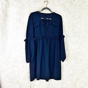 Suzanne Betro navy blue ruffle trim shift dress